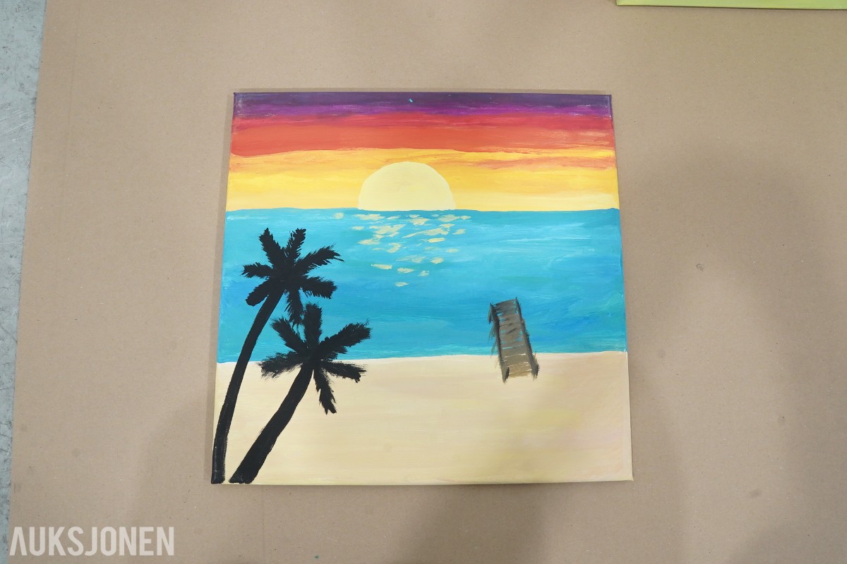 4 stk kunstverk på lerret med strand og solnedgangsmotiv