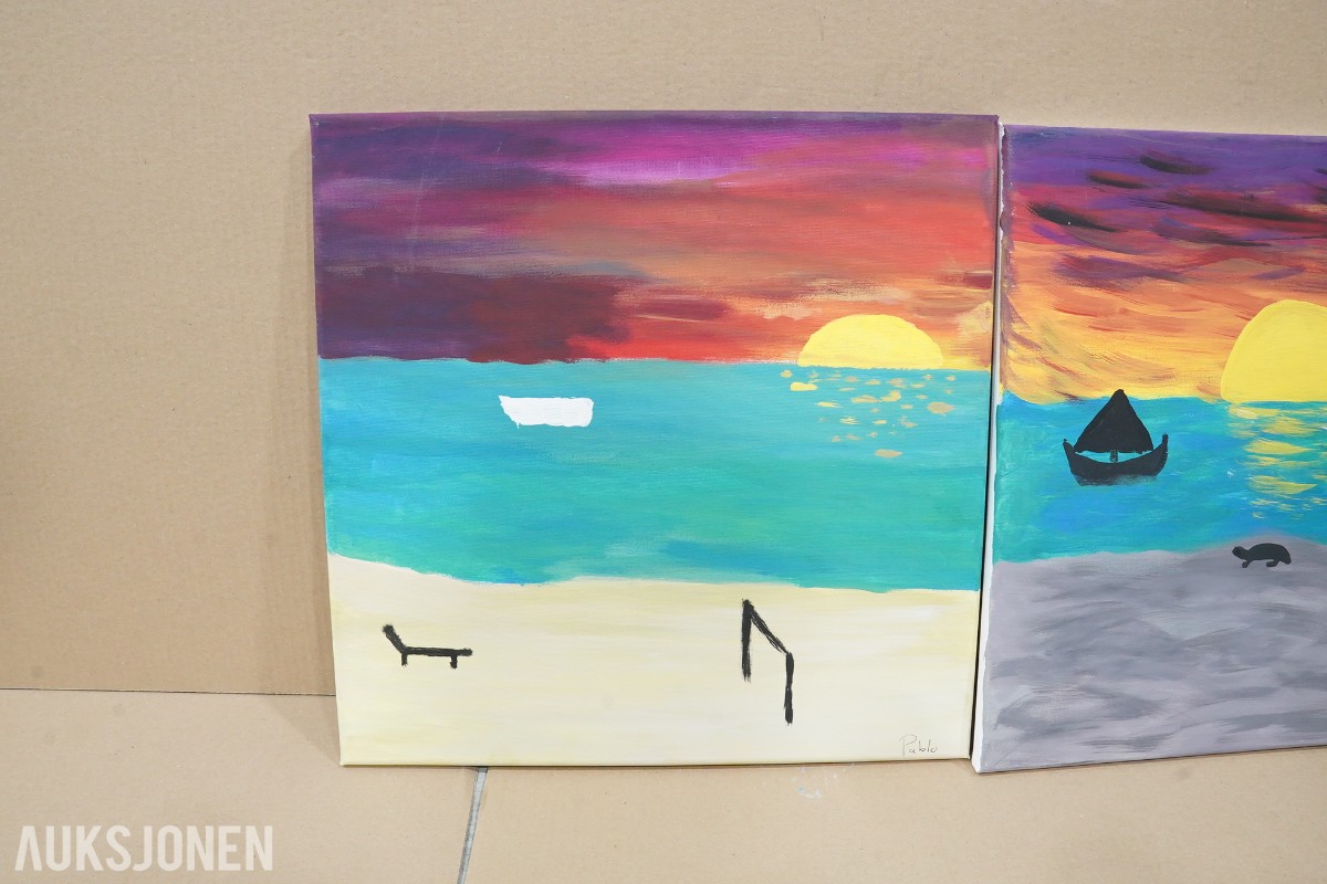 4 stk kunstverk på lerret med strand og solnedgangsmotiv