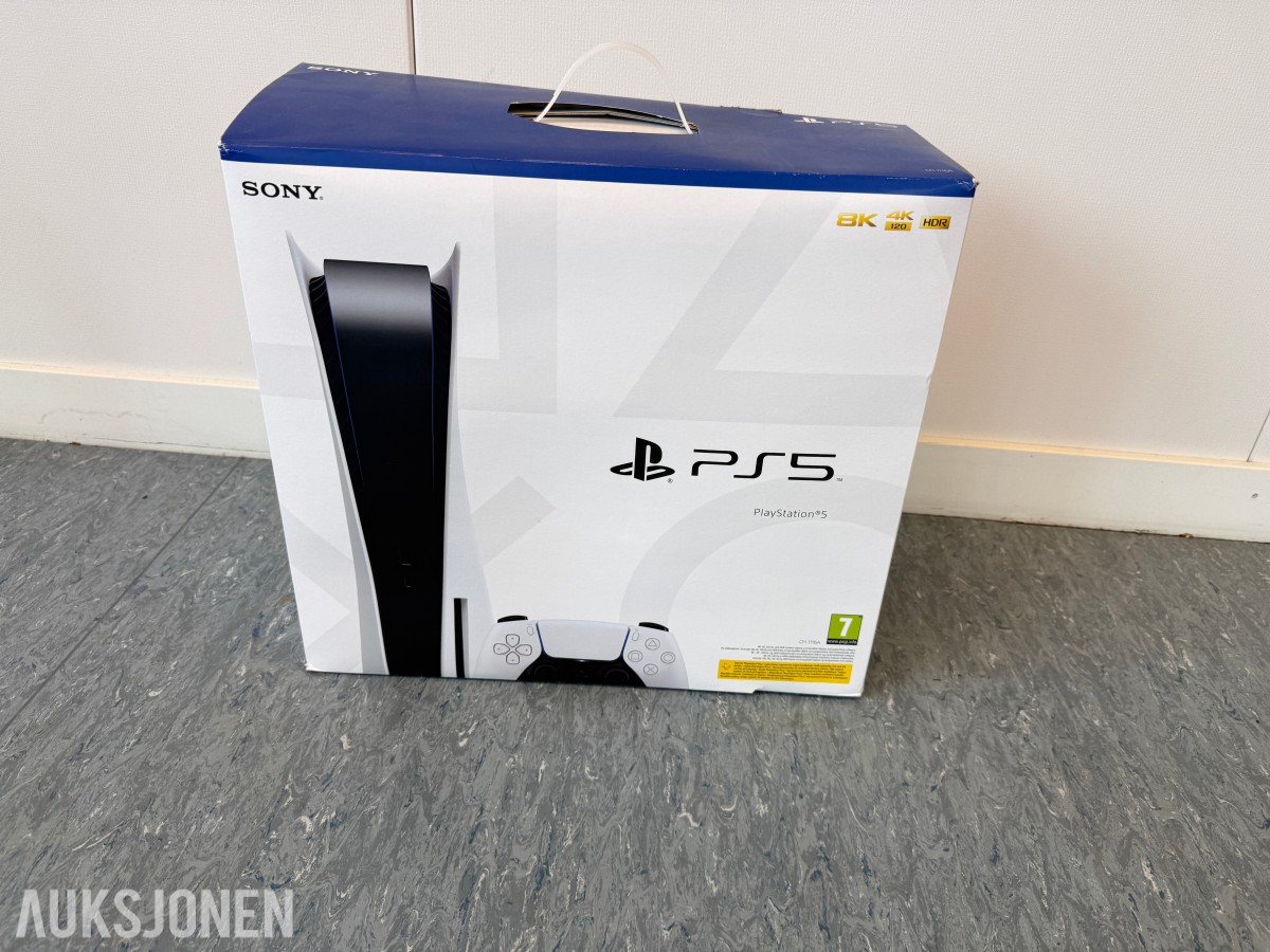 Sony PlayStation 5 med kontroller og originalemballasje