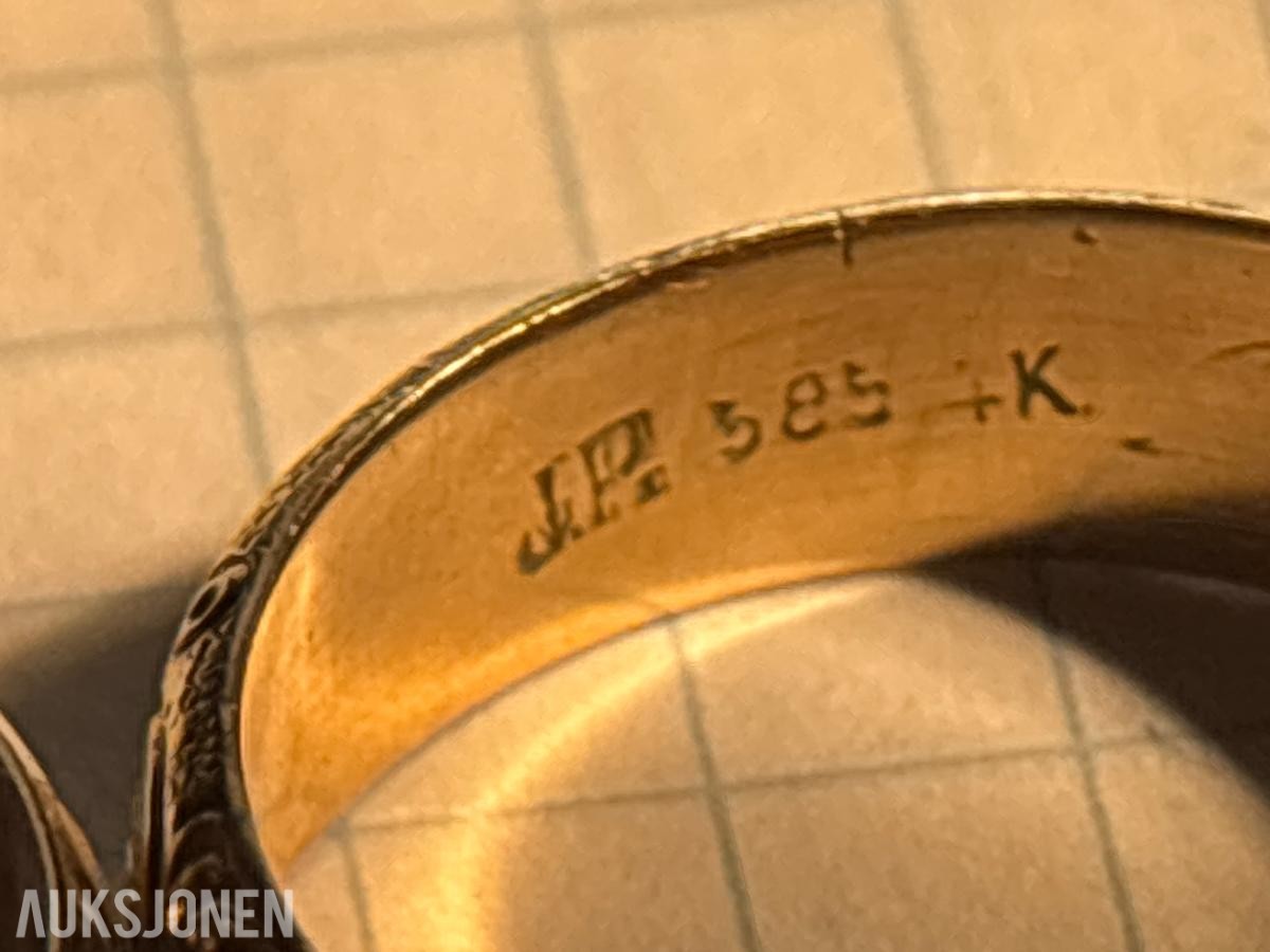 Unikt par håndgraverte 14K gifteringer ca. 1910–1915 – E.H. / J.R. – proveniens