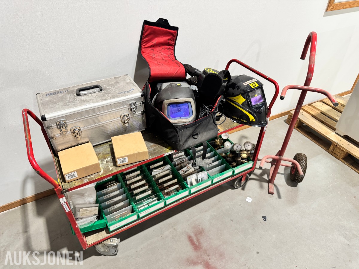 Sveiseutstyr masker med avtrekk, X21 skjærebrenner sett, manometer, deler, traller