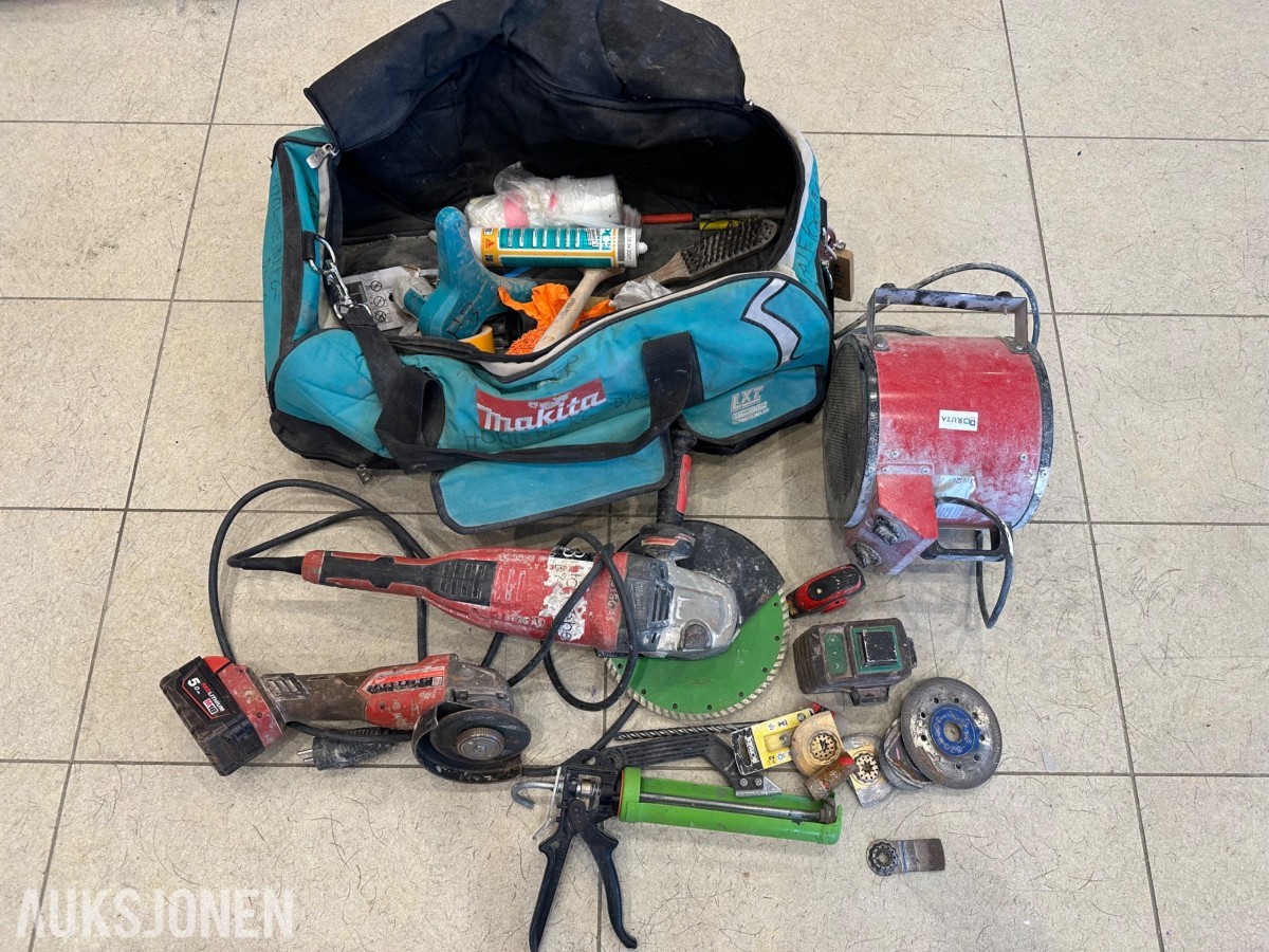 Verktøyparti med Hilti vinkelslipere, Makita verktøybag, laser og byggtørker