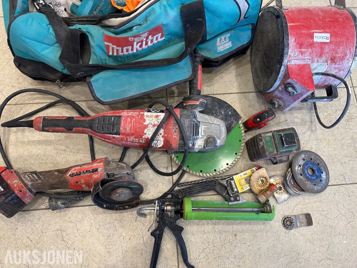 Verktøyparti med Hilti vinkelslipere, Makita verktøybag, laser og byggtørker