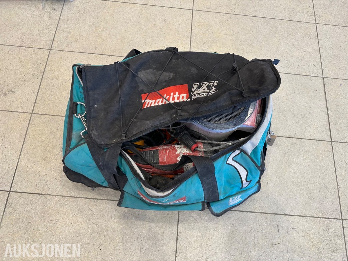 Verktøyparti med Hilti vinkelslipere, Makita verktøybag, laser og byggtørker