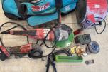 Verktøyparti med Hilti vinkelslipere, Makita verktøybag, laser og byggtørker