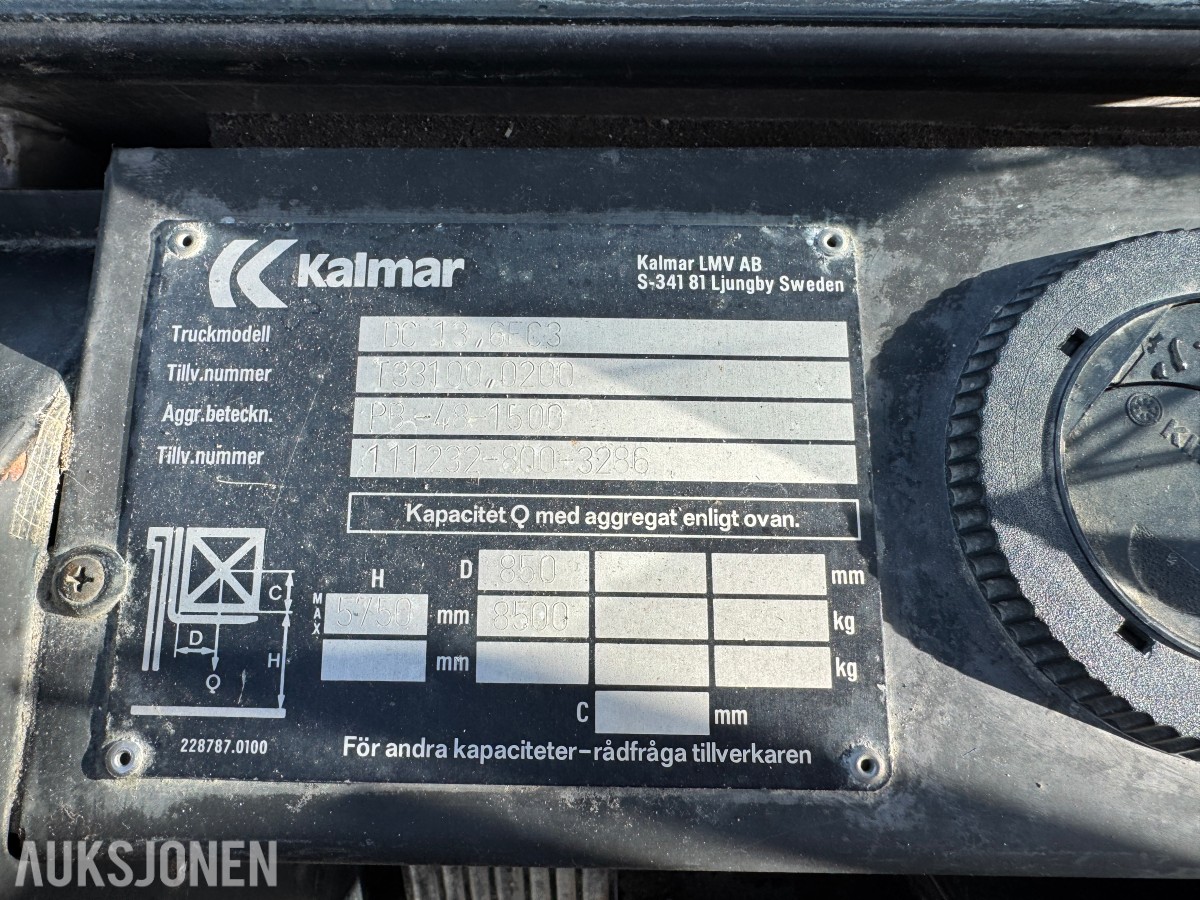 1994 Kalmar DC13,6-EC3 gaffeltruck med løfteåk, sideskift og spreder