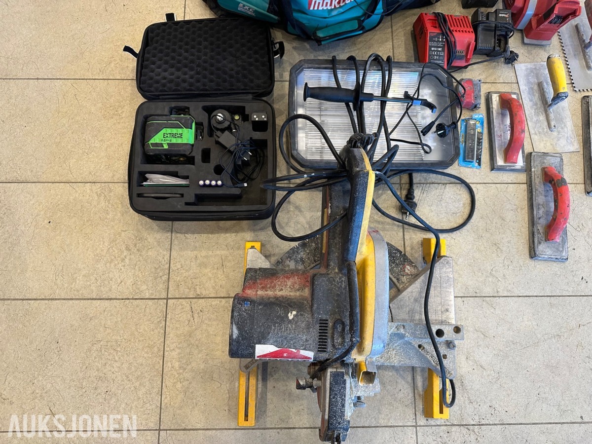 Verktøyparti med kapp og gjærsag, Milwaukee, Makita og Extreme laser
