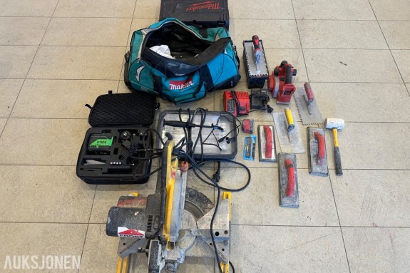 Verktøyparti med kapp og gjærsag, Milwaukee, Makita og Extreme laser