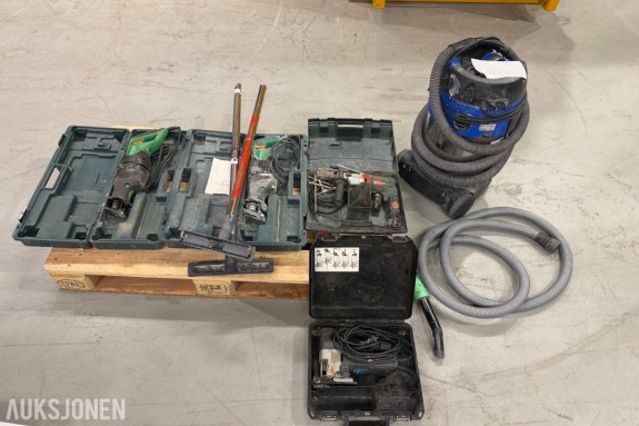 Elektroverktøy 230 V - 2 stk Hitachi CR 13VA bajonettsag - Elu ST74EK stikksag - Metabo SbE 665/2 slagbormaskin - Nilfisk støvsuger