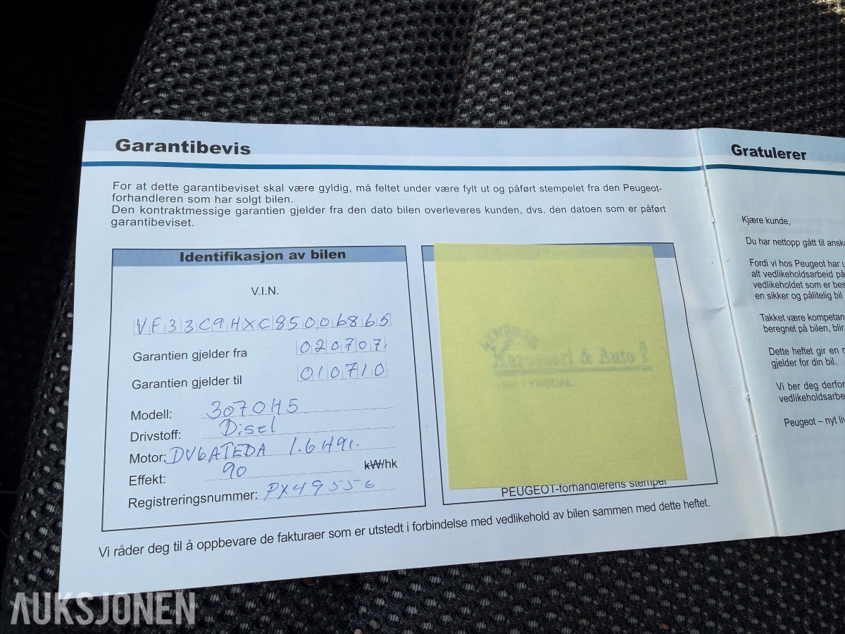 2007 Peugeot 307 1.6 D 90 HK MANUELL PARKERINGSSENSORER