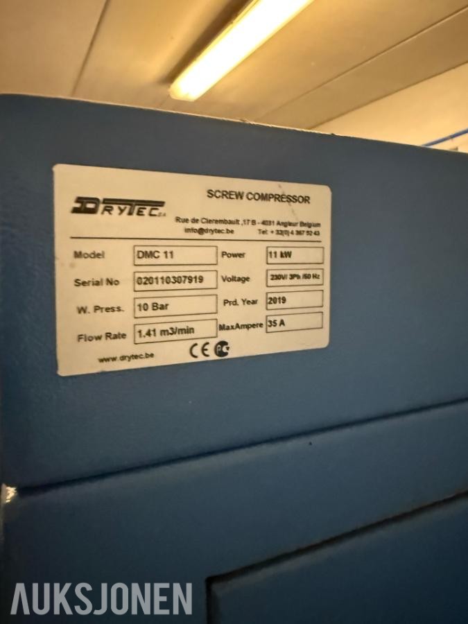Drytec DMC 11 skruekompressor – 11 kW – 500L tank – Kjøletørke – 2019