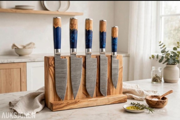 5-Delt HÅNDLAGET Damaskus Kjøkkensett - BLUE OCEAN - Oliventre & Blå Resin + Lær-rull 🔪 *BLUE OCEAN - 5-DELT LUKSUS DAMASKUS KJØKKENSETT - HELT NYTT* 🔪