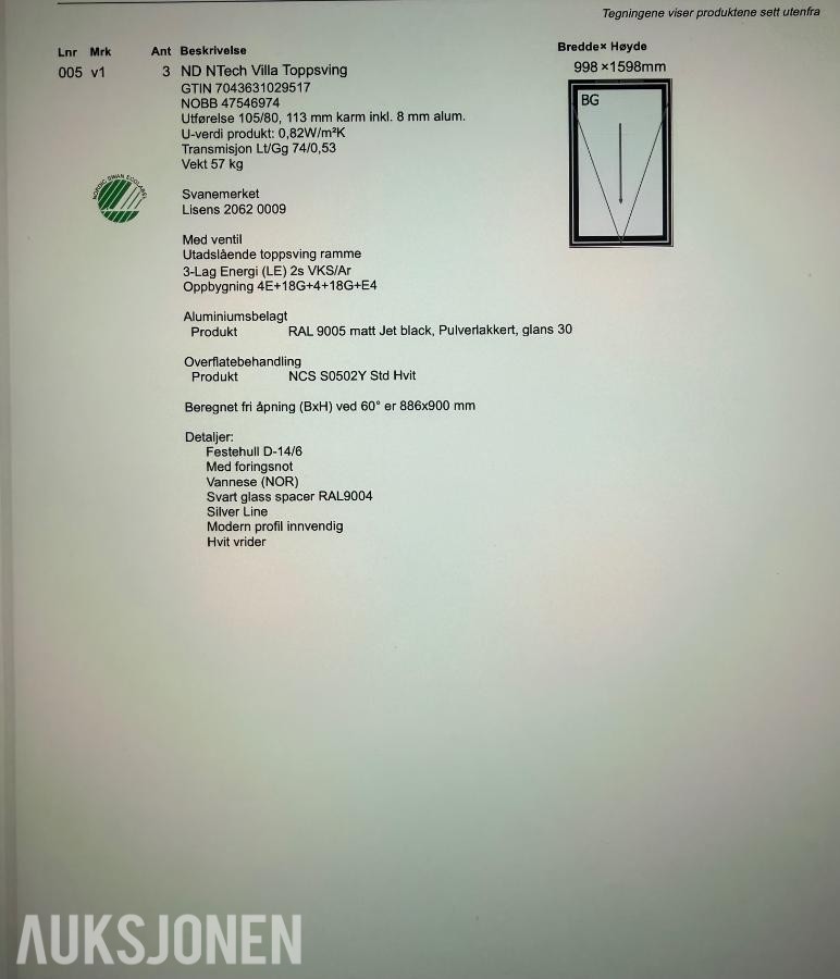 NORDAN vindu 3 stk  Toppsving vindu dimensjon 998x1598 mm