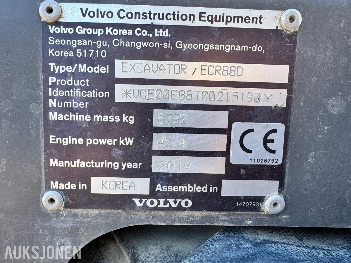2019 Volvo ECR88D gravemaskin TILTROTATOR 2 SKUFFER SENTRALSMØRING
