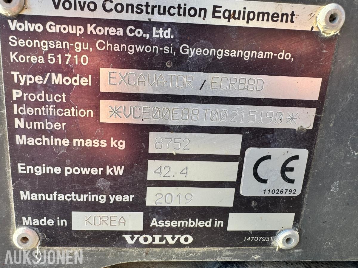 2019 Volvo ECR88D gravemaskin TILTROTATOR 2 SKUFFER SENTRALSMØRING
