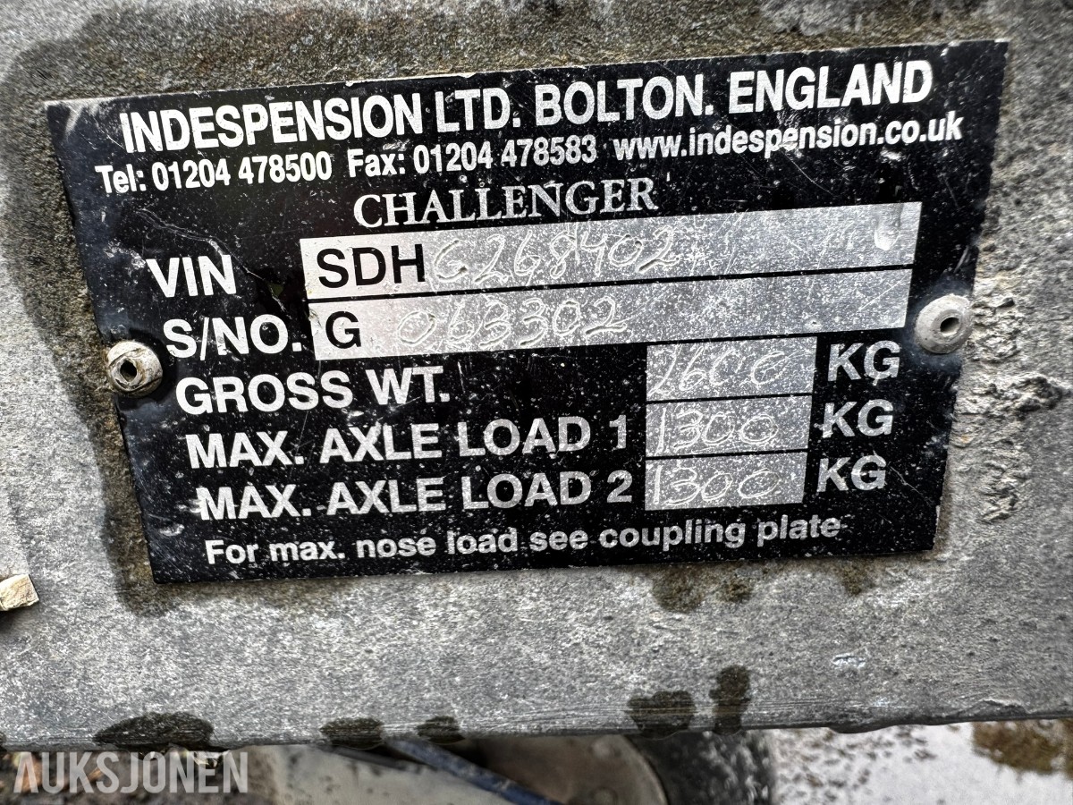2003 Indespension Challenger maskinhenger – 2 600 kg totalvekt rep objekt
