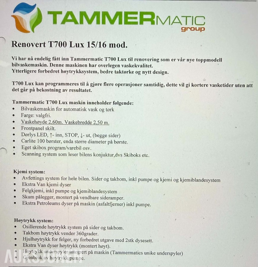 2015 Tammermatic T700 Lux komplett bilvaskeanlegg – i daglig drift