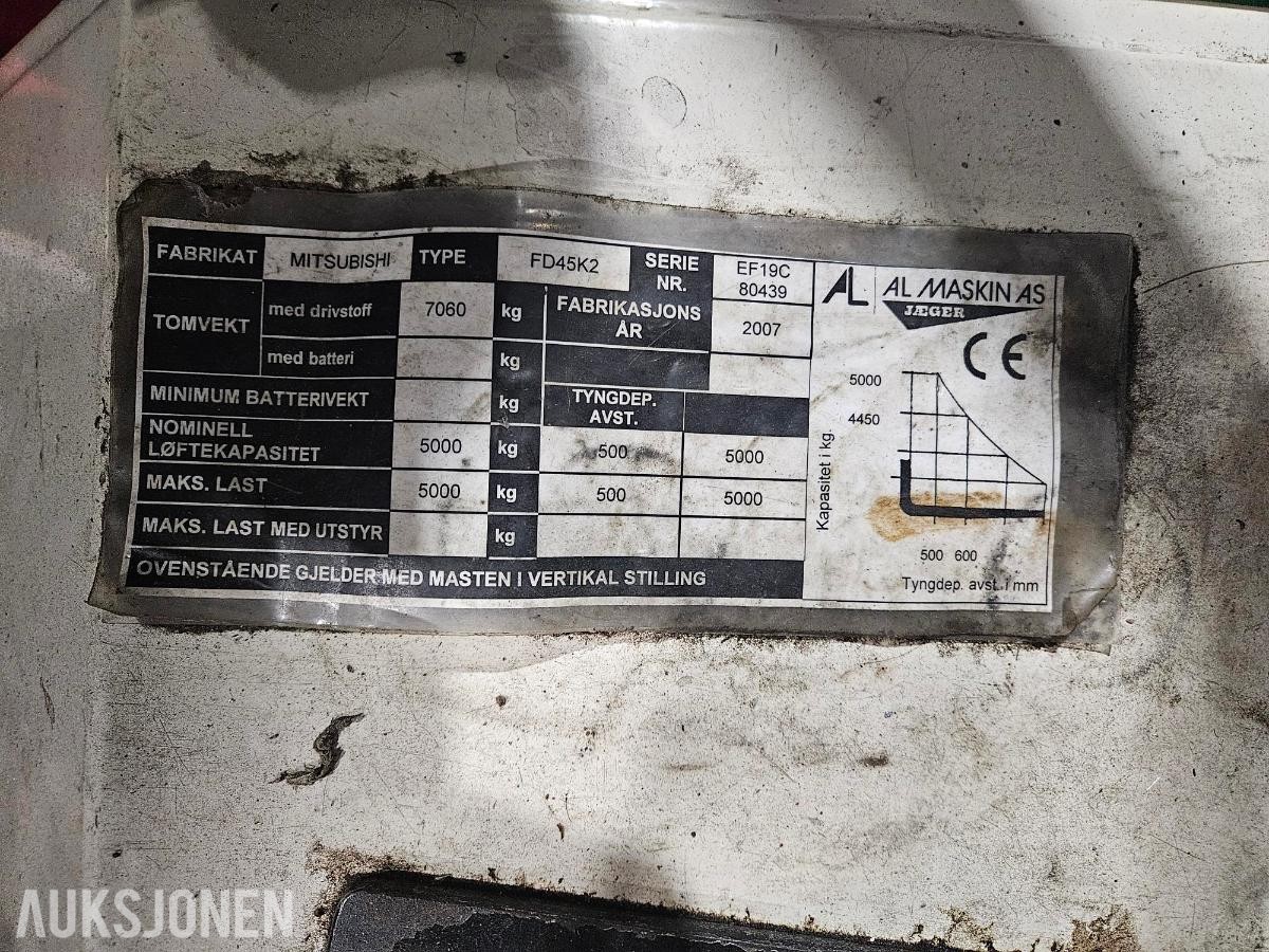 2007 Mitsubishi FD45K2 Gaffeltruck Nominell løftekapasitet: 5 000 kg