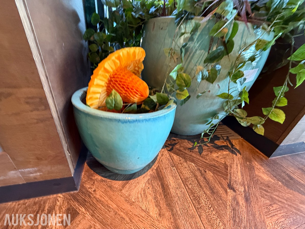 2 stk. dekorative blomsterpotter i turkis/grønn utførelse med plante