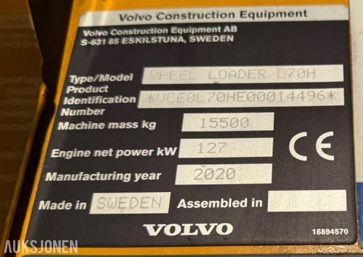 2020 Volvo L70H Hjullaster, 2514 t / skuffe, spakestyring