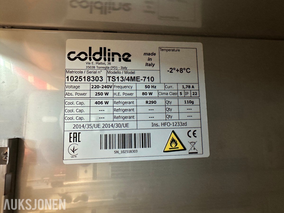 2025 Coldline TS13/4ME-710 kjølebenk | 4 skuffer | Rustfritt stål