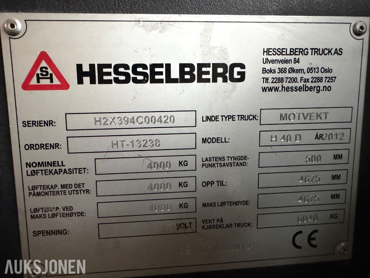 2012 mod. Linde H40D. Motvektstruck. Rep objekt