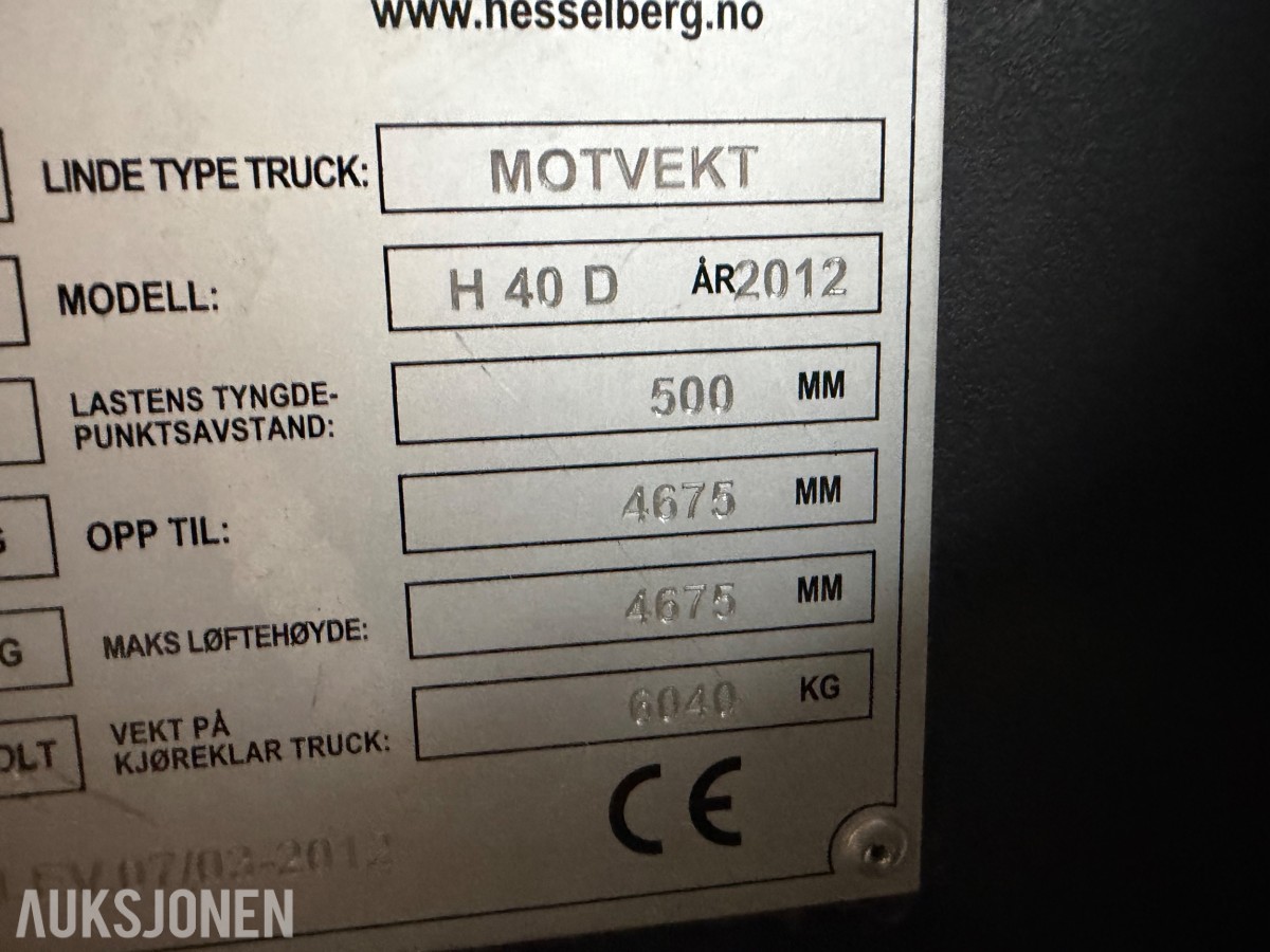 2012 mod. Linde H40D. Motvektstruck. Rep objekt