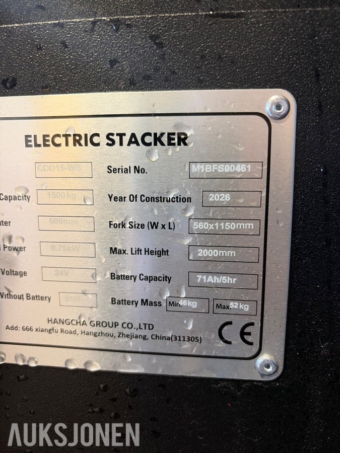 Hangcha CDD15-WS elektrisk stabler med pallegafler