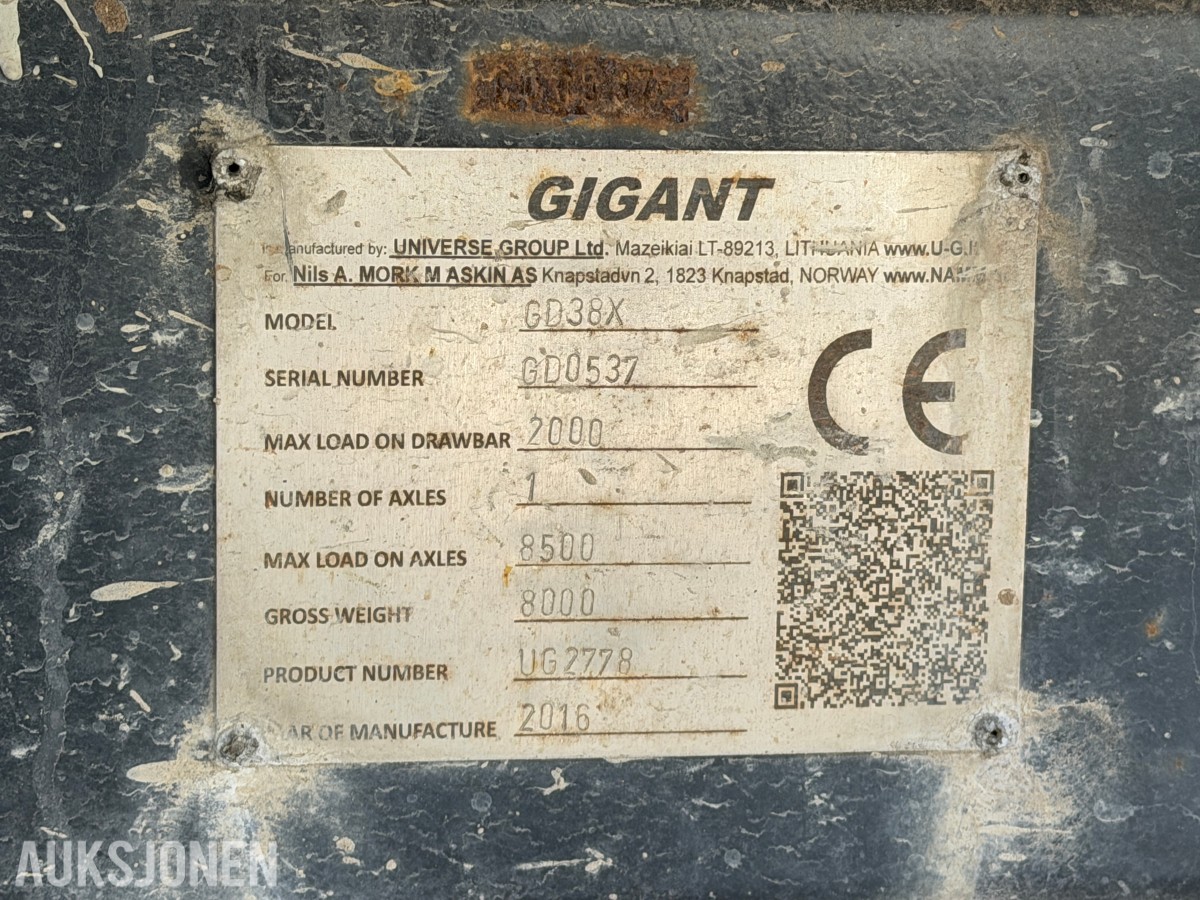 2016 GIGANT GD36X DUMPERHENGER – 8 000 KG