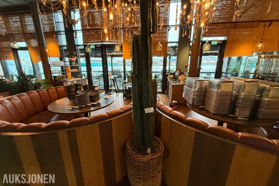 Stor dekorativ kunstig kaktus i flettet kurv – restaurantinnredning
