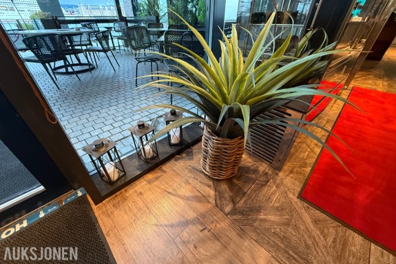 Dekorasjonsparti – Kunstig plante i kurv og 4 lykter med LED-lys 