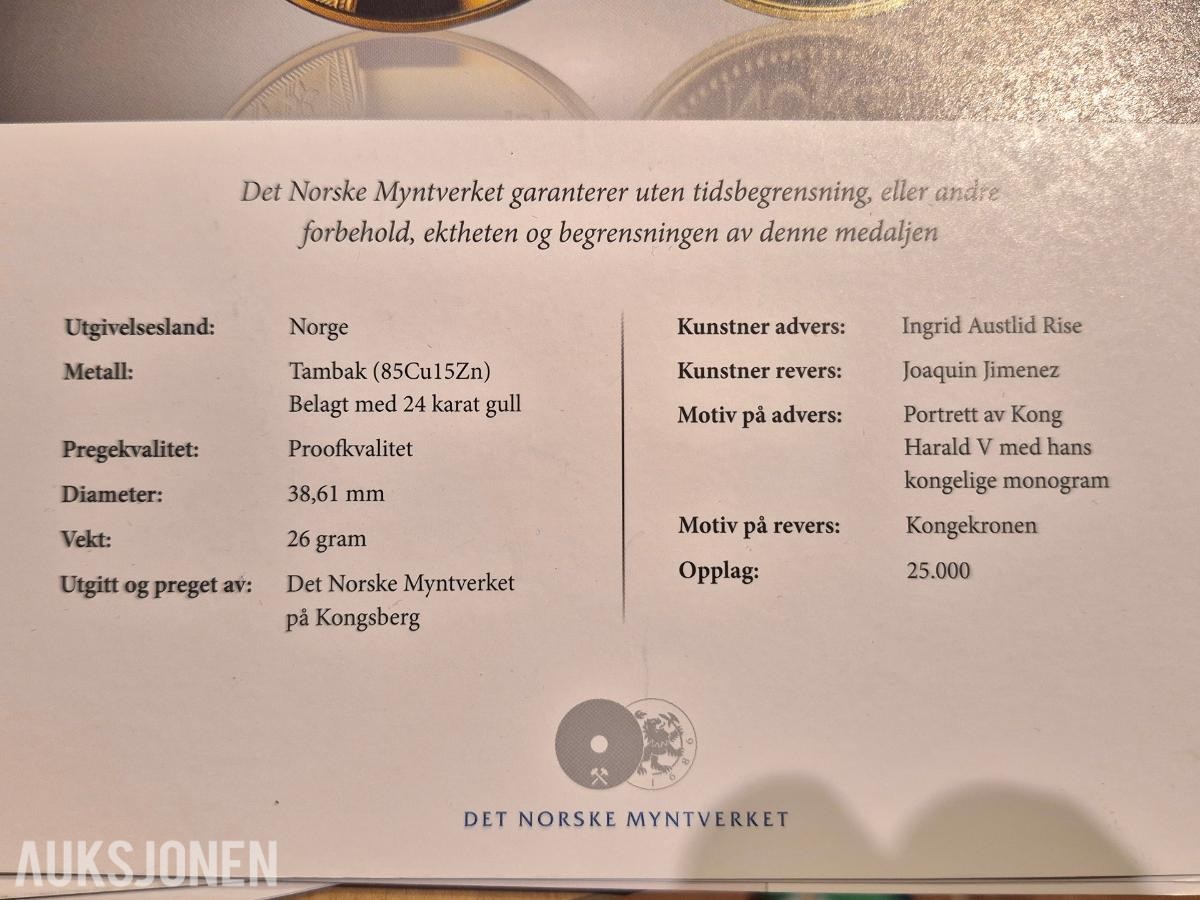 Kongeriket Norge Gullbelagte minnemedaljer - Myntsett samling- 1982-1995
