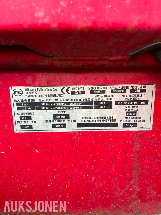 2016 MEC 6092RT sakselift 18 m, 1 780 t