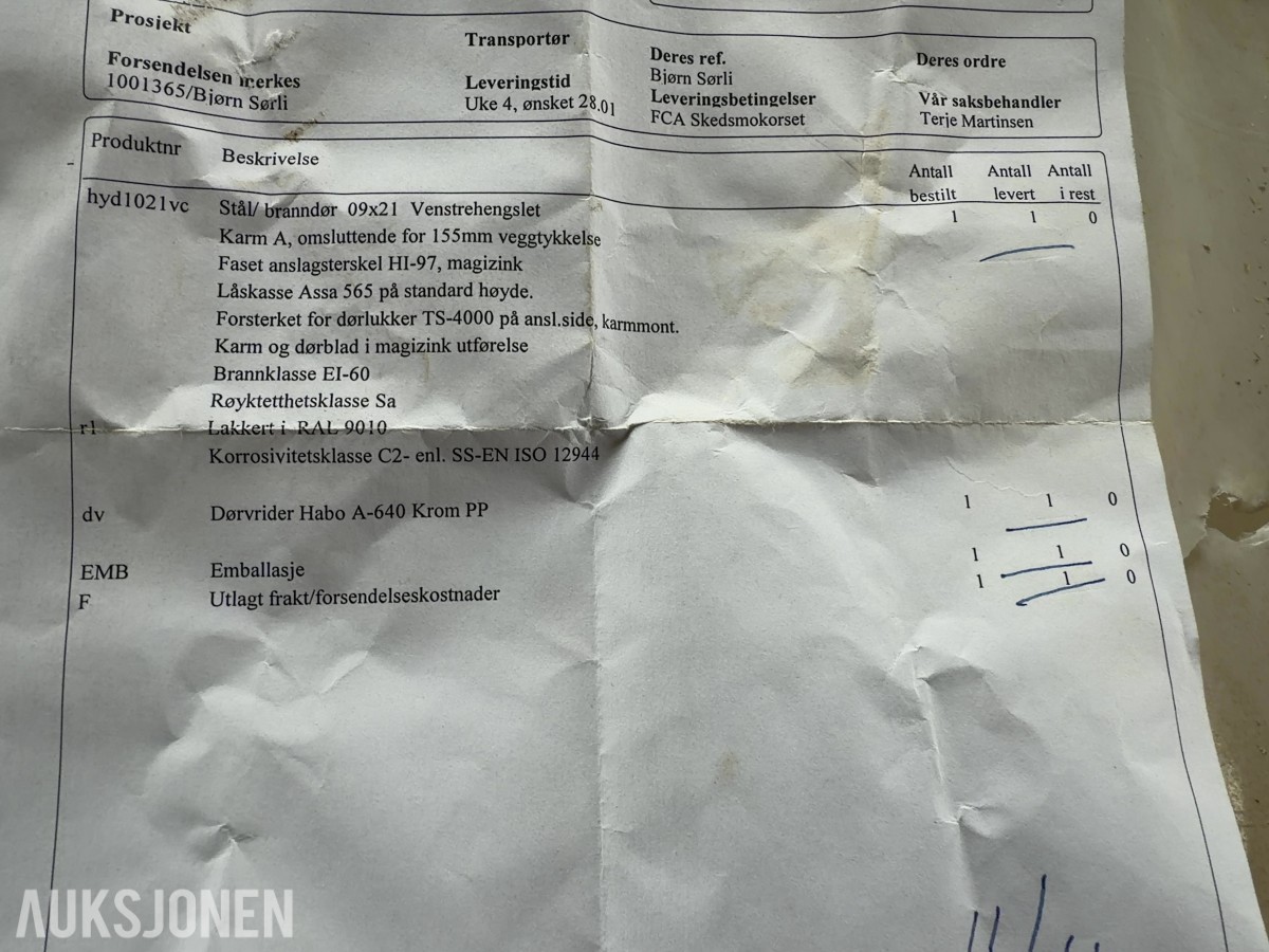 Norfo branndør i stål 09x21 – EI60 – venstrehengslet – RAL 9010