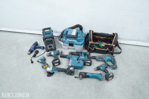 Parti Makita 18V elektroverktøy, støvsuger, radio og håndverktøy