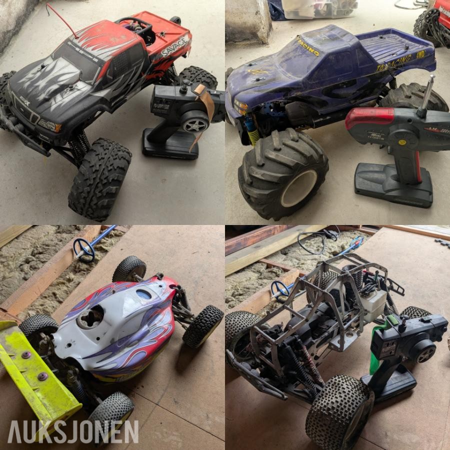 Stor RC Nitro-samling 4 biler, Startkasse, Ladere, Deler, etc.