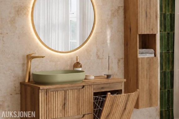 NOVA COAST EVOKE 100 cm – komplett baderomspakke med grønn servant, gullarmatur, LED-speil, skittent NOVA COAST EVOKE
