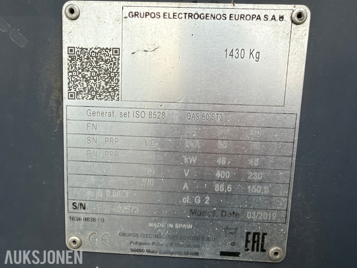 2019 Atlas Copco QAS 60 ST3 strømaggregat - 230V / 400V
