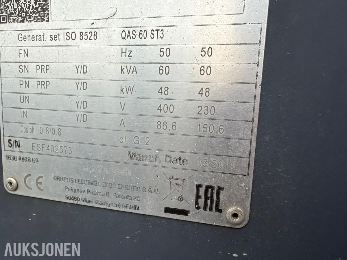 2019 Atlas Copco QAS 60 ST3 strømaggregat - 230V / 400V