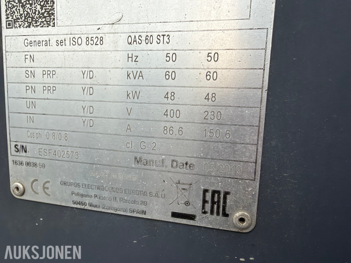 2019 Atlas Copco QAS 60 ST3 strømaggregat - 230V / 400V