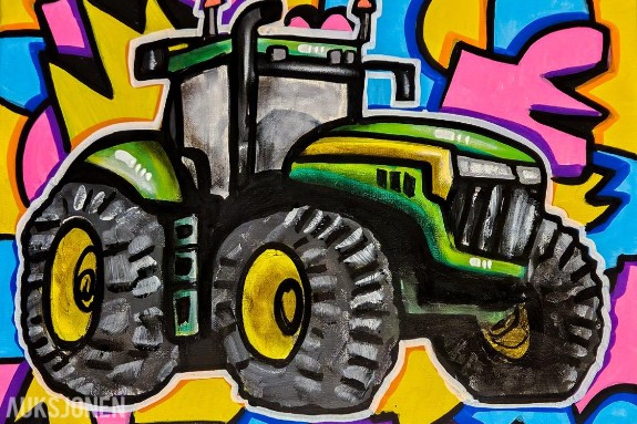 Traktor maleri: Original kunst på lerret 40x50 cm - Fargerik pop art kunst