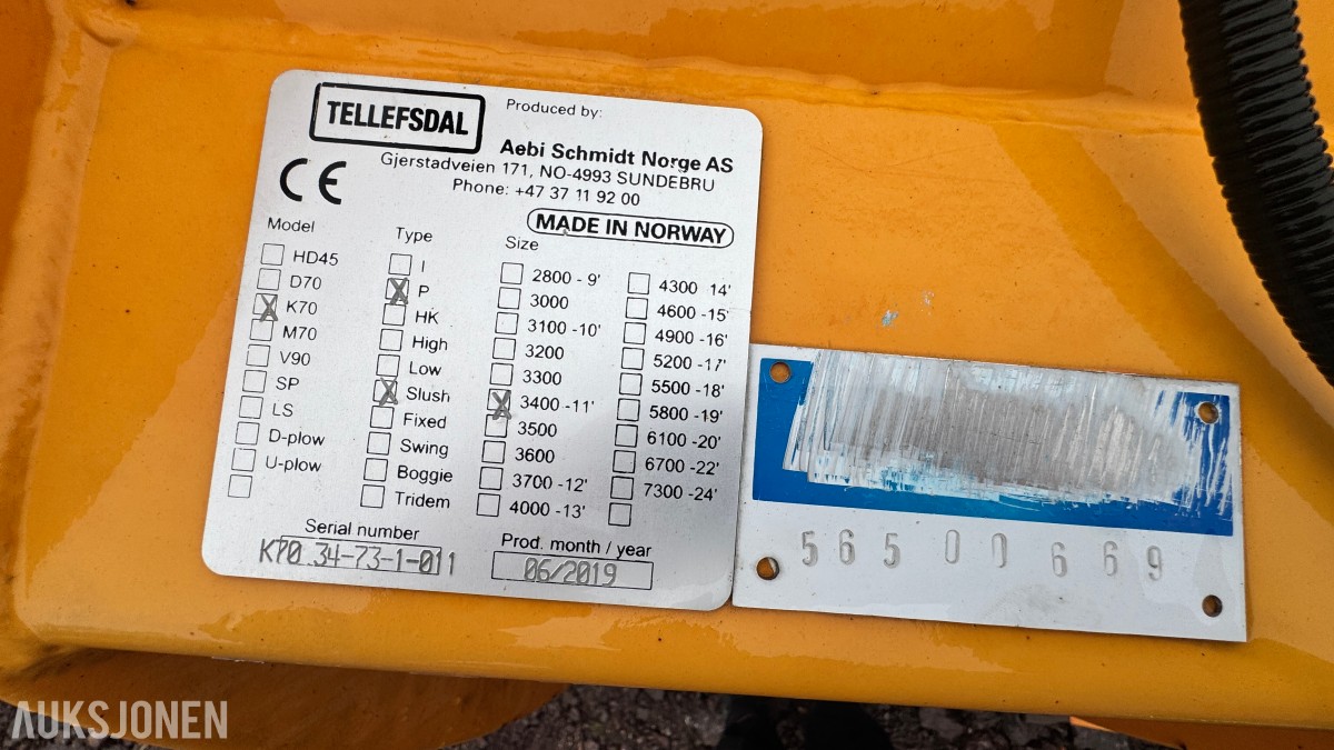 2019 Schmidt/Tellefsdal K70P Slush 3400-11 brøyteplog