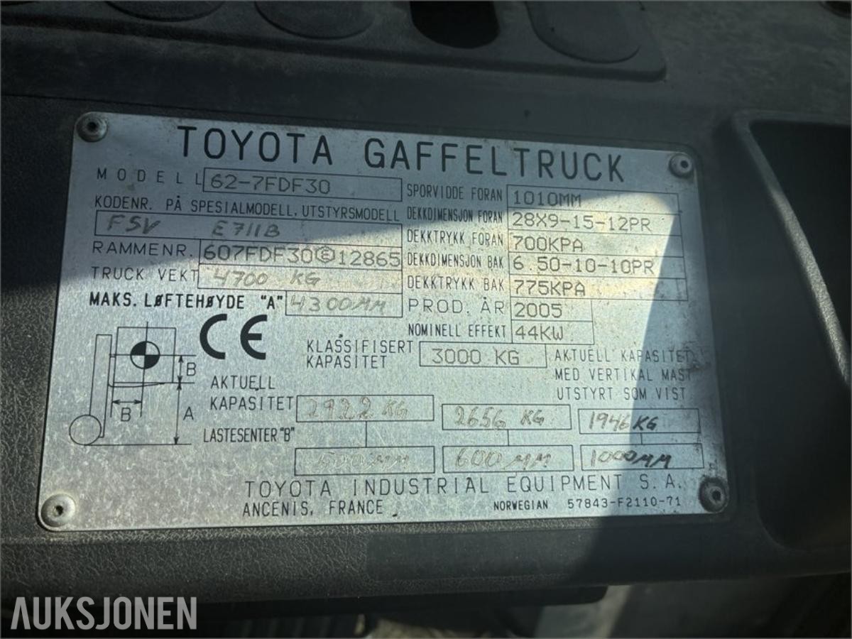 2005 Toyota 62-7FDF30 Dieseltruck – 3-tonns - IKKE MVA
