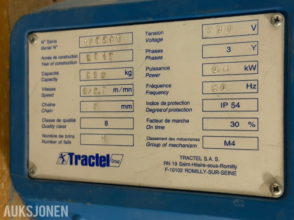2017 Tractel 250 kg elektrisk kjettingtalje