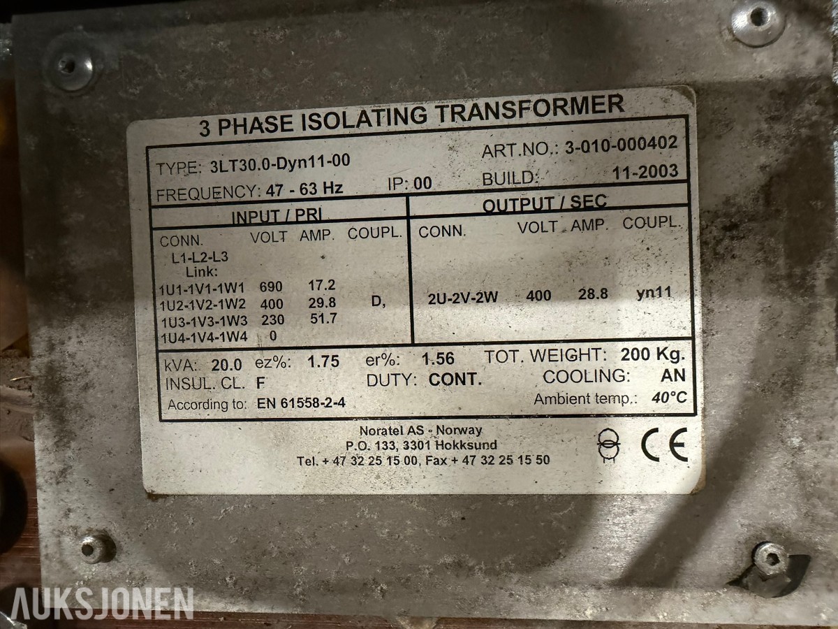 2003 Noratel 20 kVA skilletransformator
