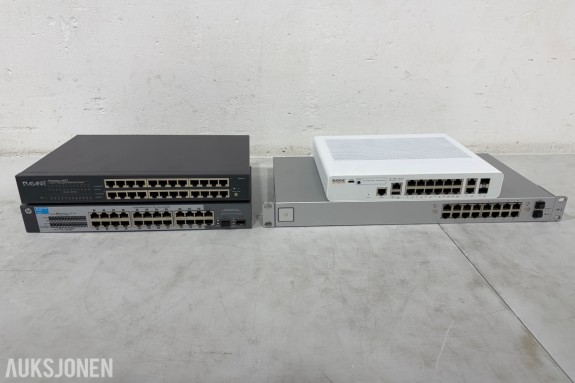 4 stk nettverksswitcher fra Ubiquiti, Ruckus, HP og Asanté