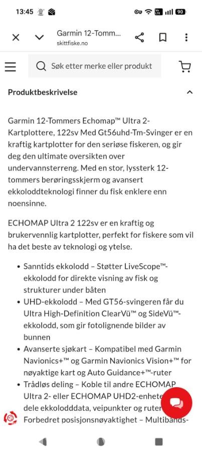 NY - Garmin Echomap Ultra 122 sv +transducer