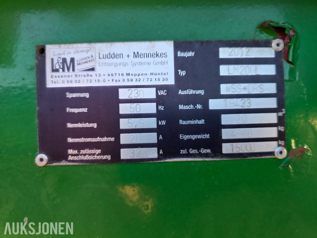 2012 Ludden + Mennekes LM20G1 krokløft-komprimator/presscontainer