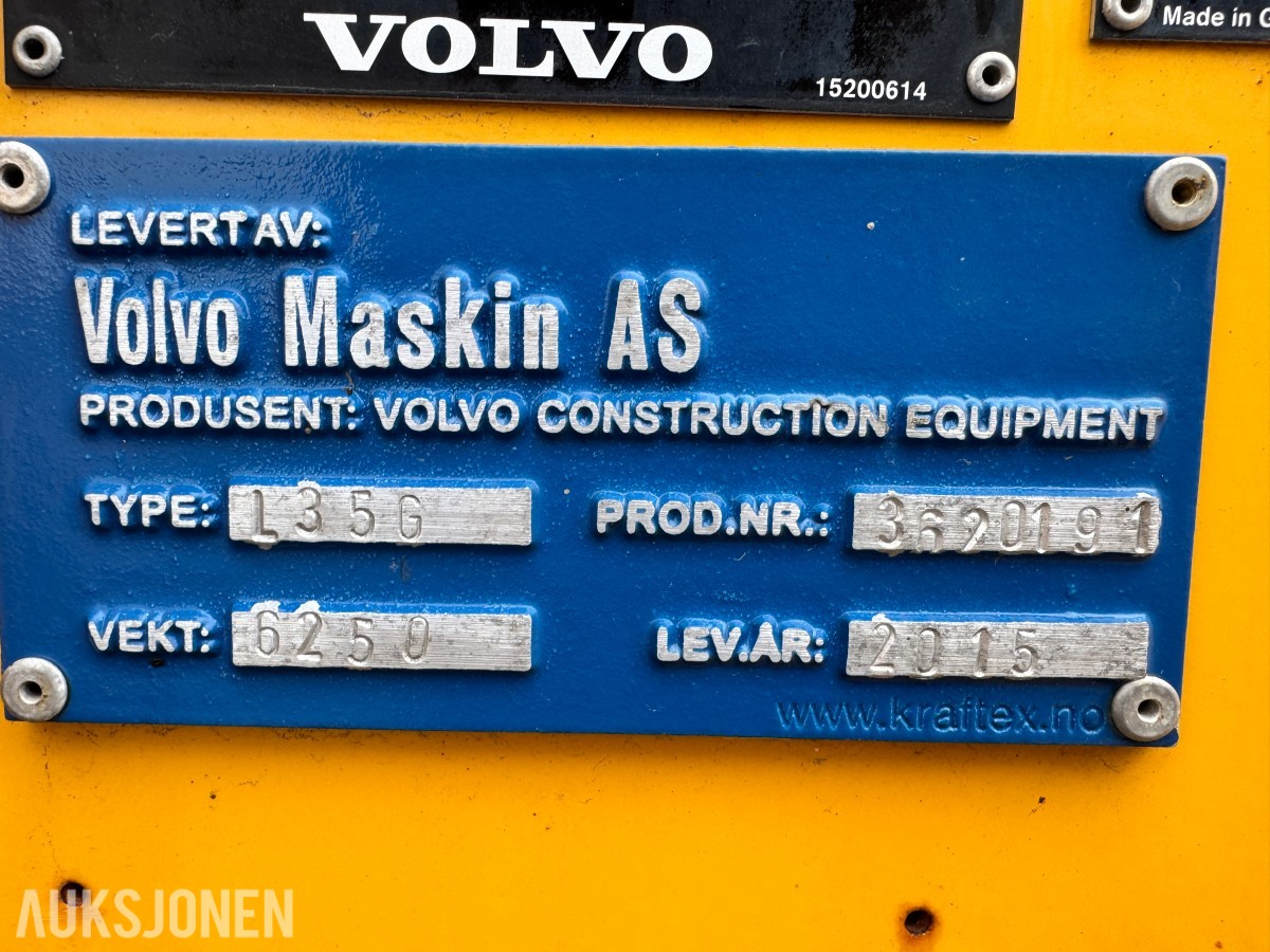 2015 Volvo L35G Hjullaster, 1614 timer, skuffe, hydraulikkuttak