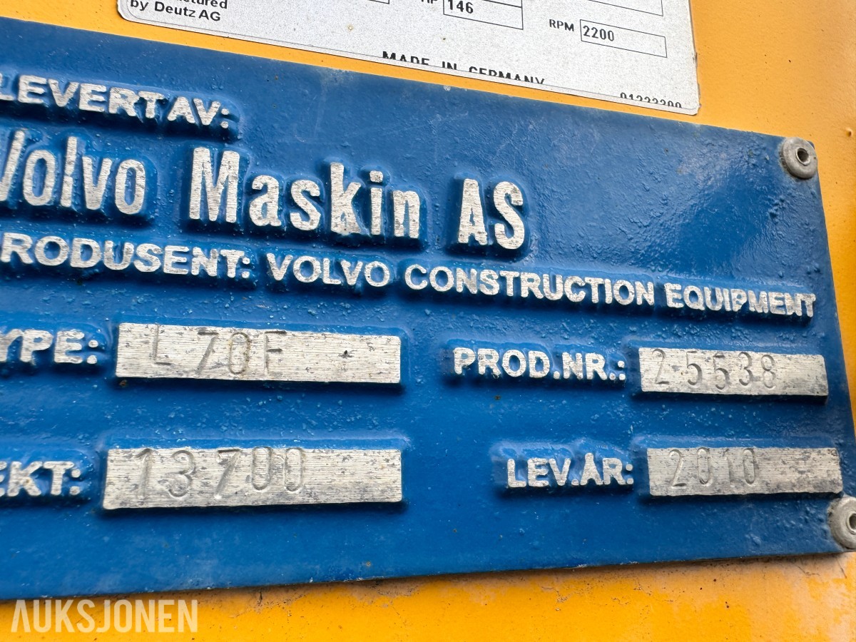 2010 Volvo L70F Hjullaster, 6694 t, skuffe, BM-feste, sentralsmøring